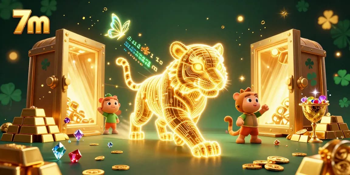Experience 7m's dynamic casino environment with a golden tiger and treasures emanating energy.