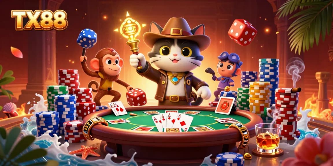 TX88 players uncover treasures with poker elements in a vibrant casino adventure illustration.