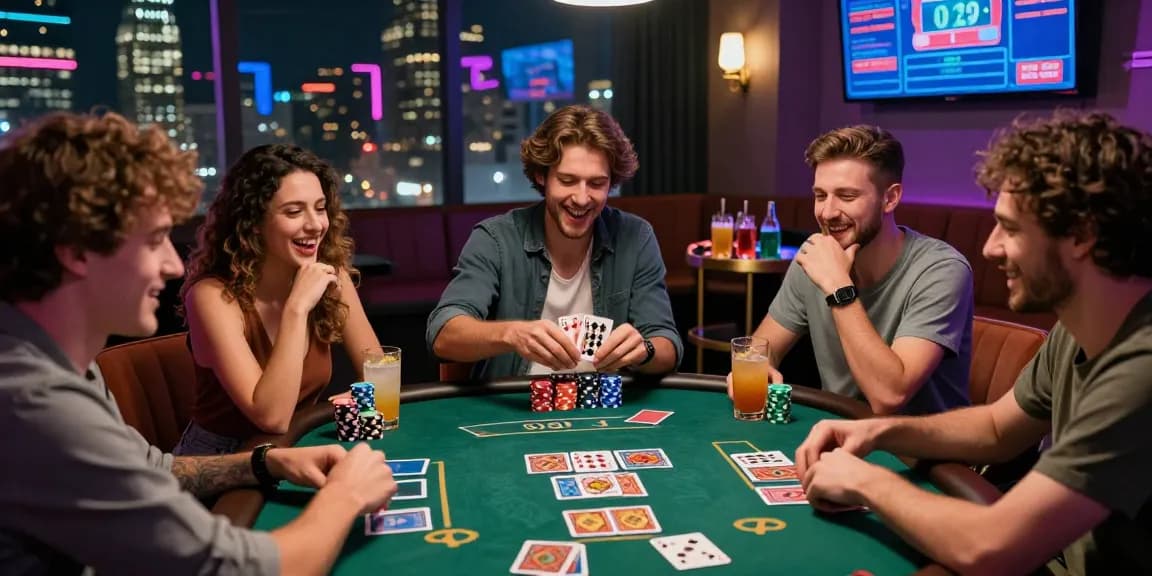 Friends enjoying an exciting card game at a vibrant urban lounge, embodying the spirit of rokok88
