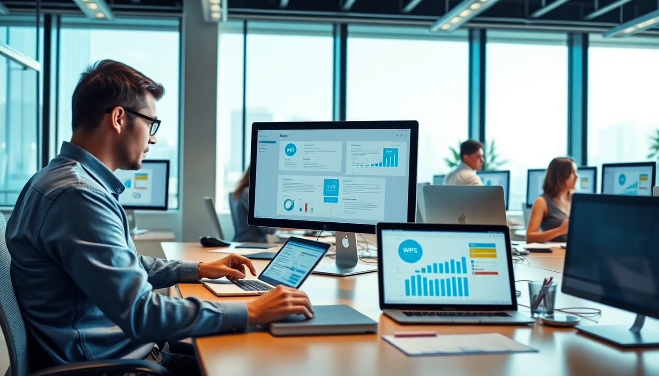 Efficiently using WPS office下载 in a modern collaborative workspace with digital devices.