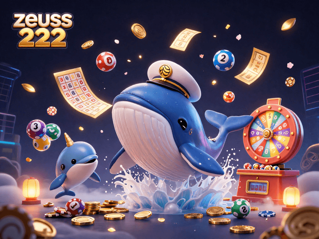 Engage with zeus 222 featuring a lively 3D scene of a whale breaching amidst coins and colorful gambling elements.