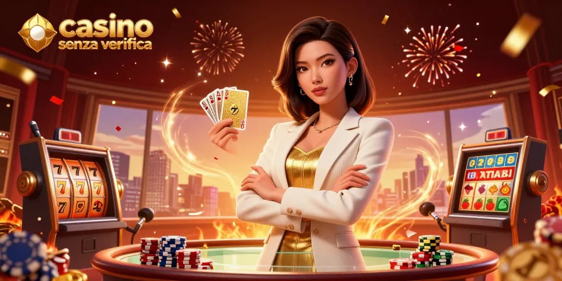 Scena coinvolgente che mostra casino senza verifica con un'elegante donna d'affari asiatica e elementi di gioco vivaci.