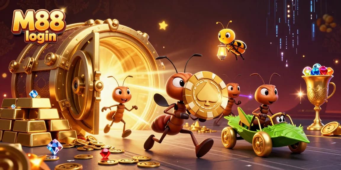 M88 login to join a whimsical scene with ants carrying a giant poker chip through a tunnel.