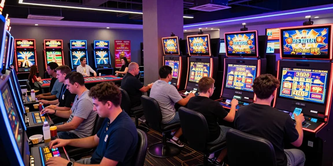 Engaged players at a vibrant gambling lounge enjoying slot deposit 5000 games, showcasing community and excitement.