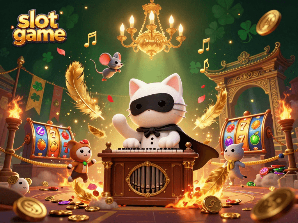 Engage with this exciting slot game scene, featuring a mystical cat and vibrant casino elements.