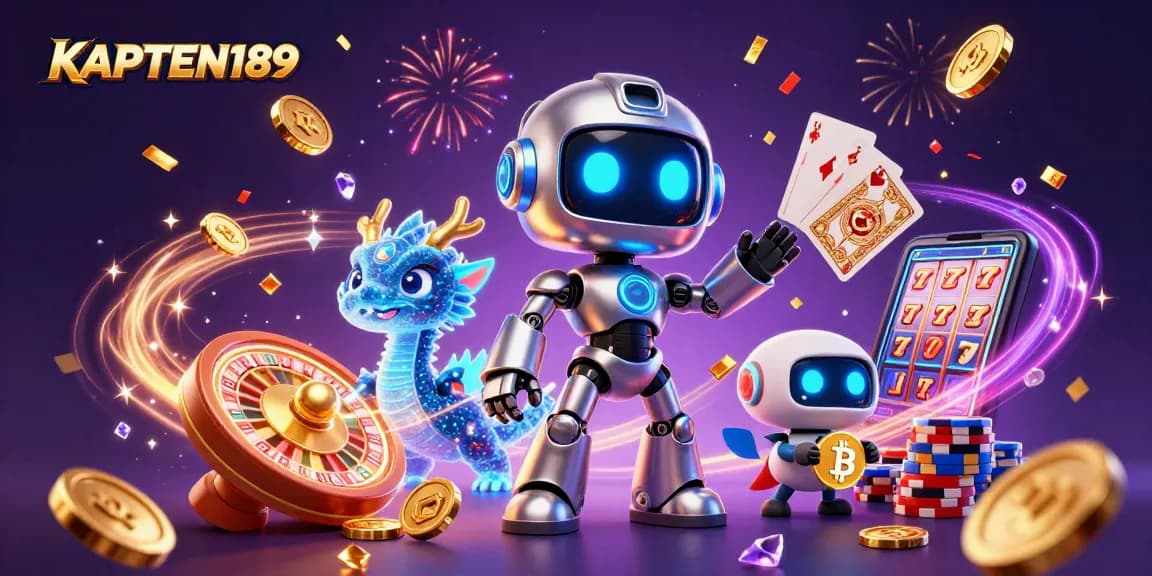 KAPTEN189 menghadirkan robot cyberpunk dengan mata neon dan koin emas bersinar di sekitar.