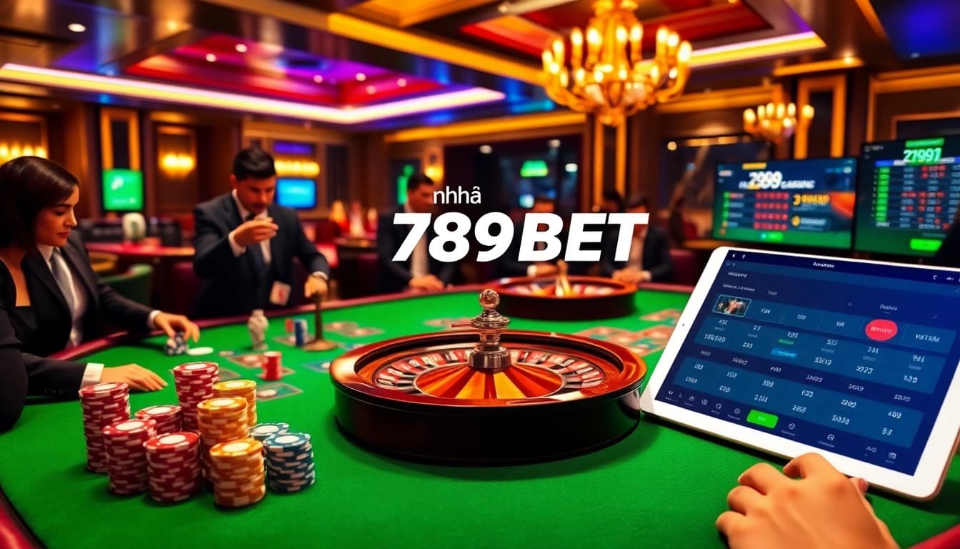 A vibrant casino scene showcasing the thrill of betting at nhà cái 789BET with dice, roulette wheel, and poker chips.