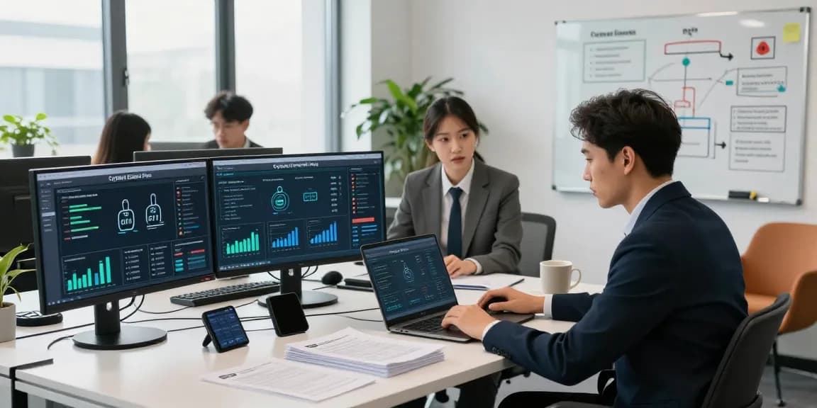 Comparing cyber essentials vs cyber essentials plus in a modern cybersecurity office setting with a professional analyzing data.