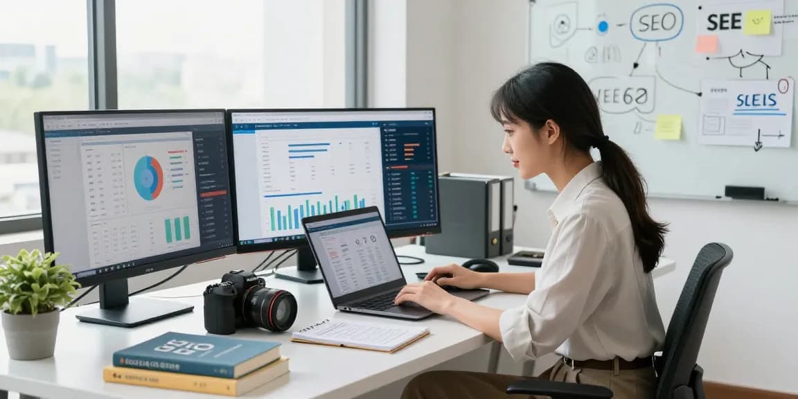 Focused digital marketing professional optimizing best seo services in a vibrant office workspace.