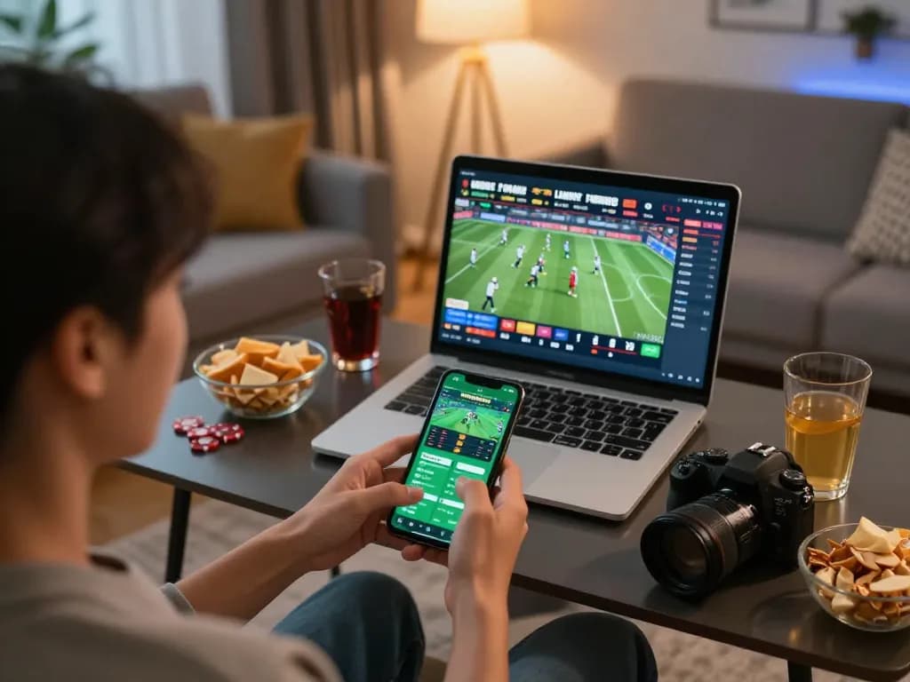 Engaging in online sports betting with ATQ app on mobile device in a cozy living room setup