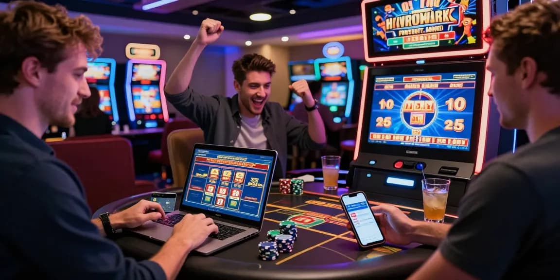 Exciting scene at credit card casinos UK with players celebrating wins and using cards for transactions in a vibrant casino lounge.