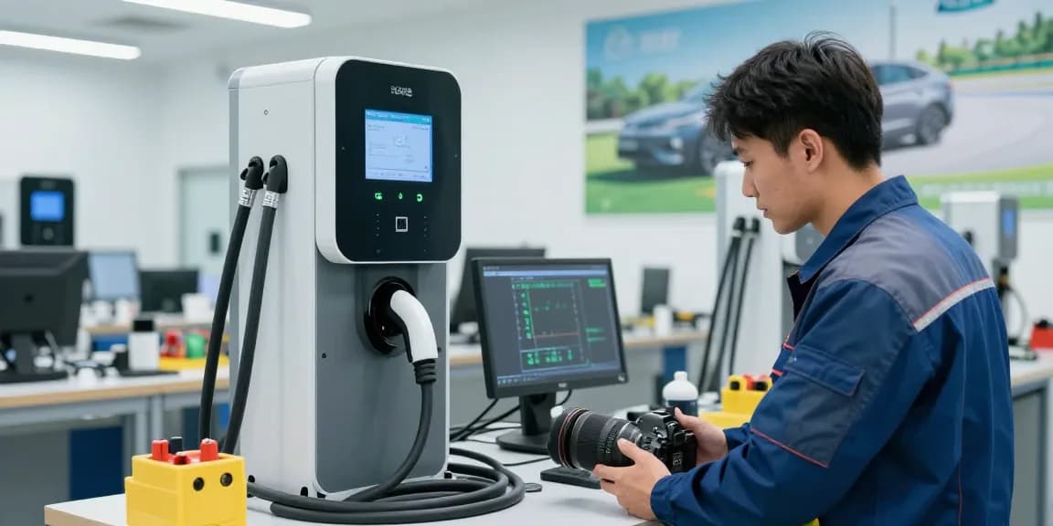 DC fast charger manufacturer technician inspecting advanced EV charger in a workshop.