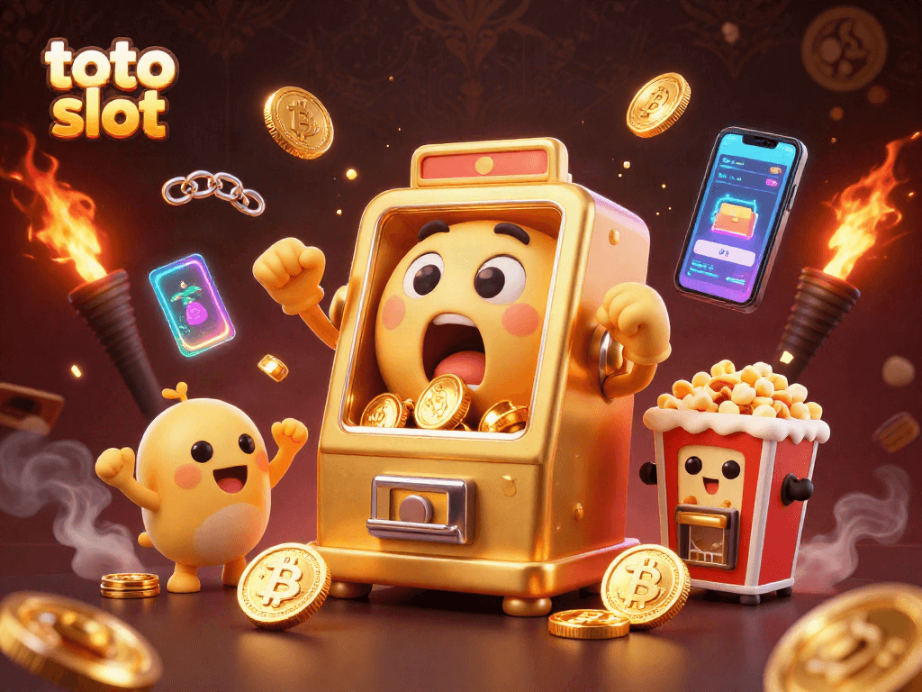 Toto slot machine hits a jackpot with coins pouring out, surrounded by cheering machines and crypto symbols.