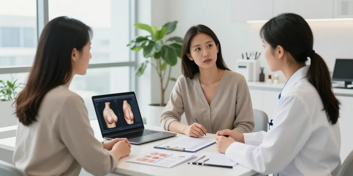 Breast augmentation Toronto consultation with patient and surgeon in a modern clinic.