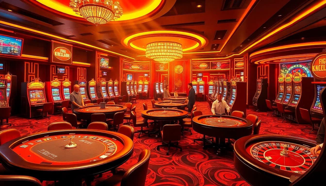 Khela88 sports betting scene with vibrant casino tables and excited gamblers.