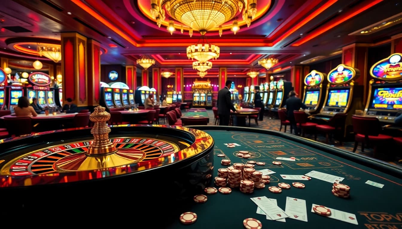 Topvin casino action featuring an immersive scene with roulette, poker tables, and vibrant slot machines.