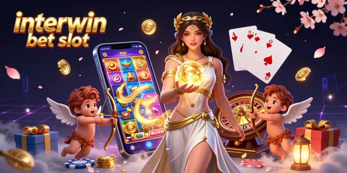 Win big with interwin bet slot featuring a stunning goddess and cherubs amidst thrilling slot game elements.