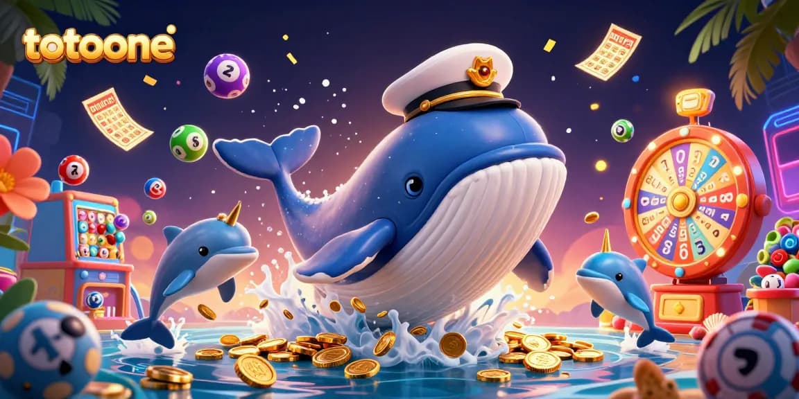 Totoone menampilkan aplikasi slot dengan ikan paus 3D berwarna cerah di lautan koin.