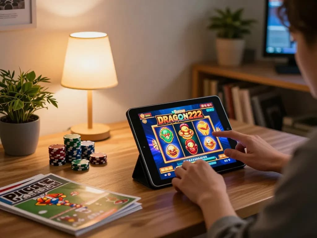 DRAGON222 player enjoying a thrilling slot game on a tablet at home.