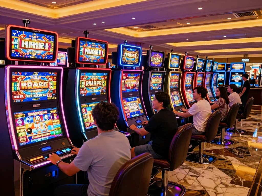 Players enjoying slot gacor games at illuminated casino machines, engaging in vibrant gameplay