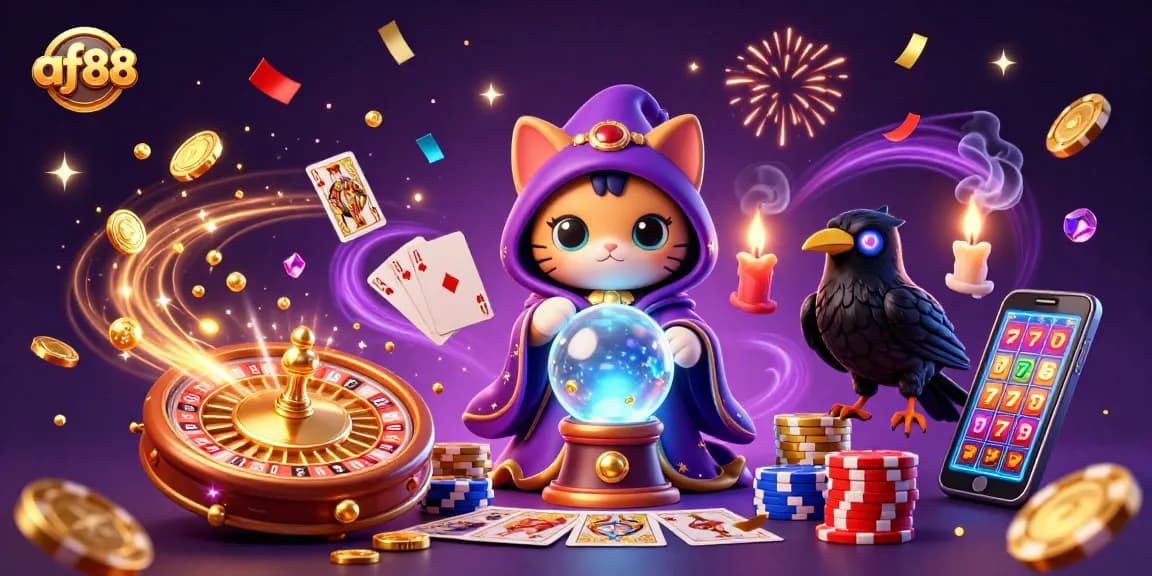 Engage in thrilling gameplay at af88 with a vibrant scene of magical casino characters and dynamic game elements.