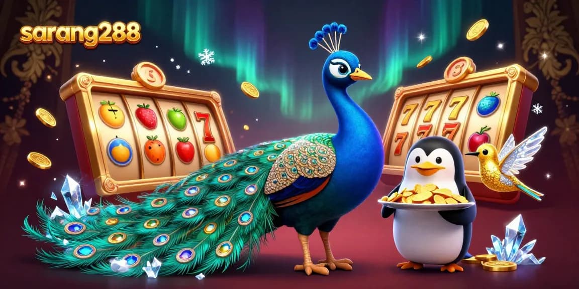 Slot gacor sarang288 dengan kartun burung merak dan elemen kasino, permainan menarik di Bali.