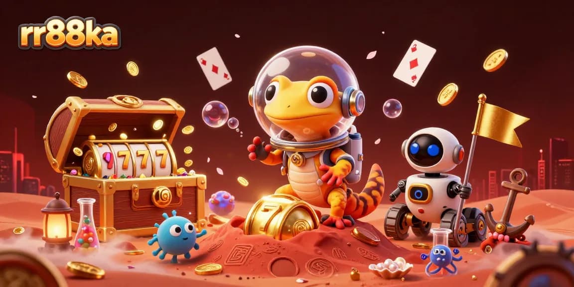 Engage in thrilling gaming at rr88ka's dynamic casino scene with a Martian gecko discovering jackpots.
