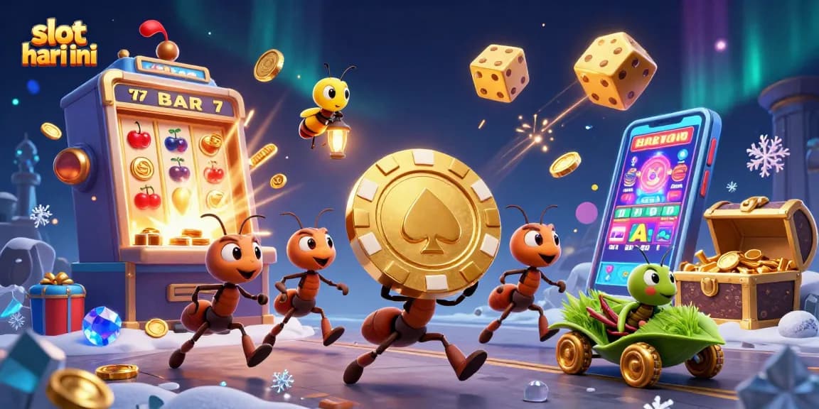 Visualisasi permainan slot hari ini dengan semangat tim semut yang mencuri chip poker raksasa di tengah lingkungan yang penuh harta.