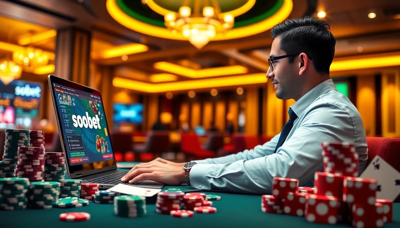 Experience sbobet betting excitement in a vibrant casino atmosphere with cards and poker chips.
