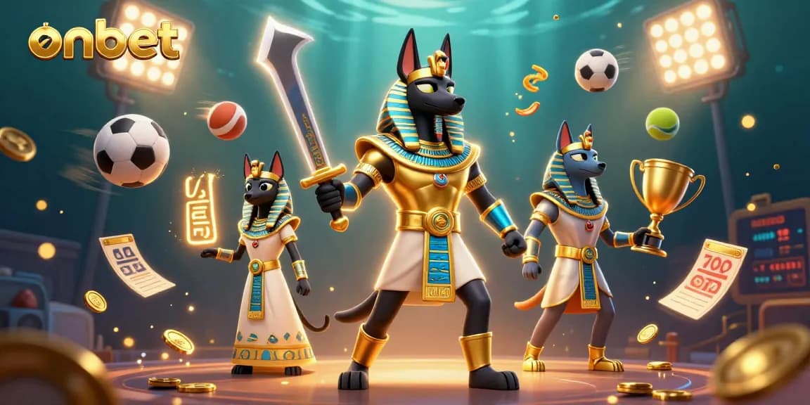 Experience thrilling betting action with ONBET, showcasing Anubis and Bastet in a vibrant 3D casino scene.