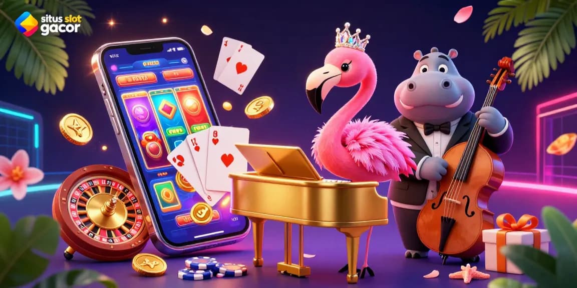 Engage with situs slot gacor featuring a colorful casino scene with vibrant characters and dynamic game elements.