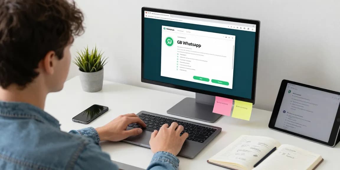 Exploring gb whatsapp features on a laptop in a modern tech workspace.