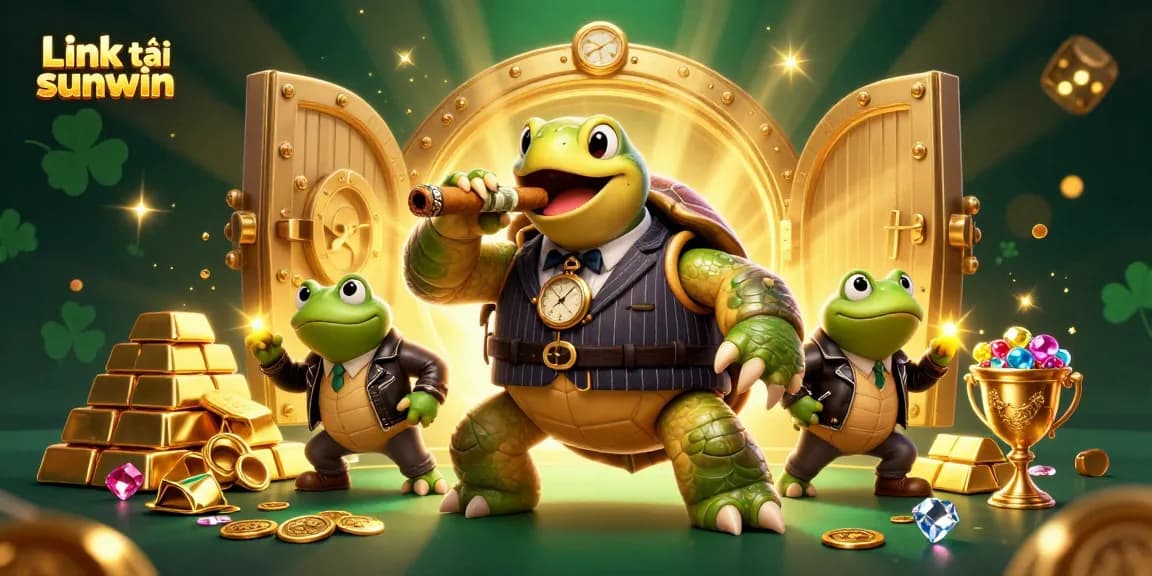 Engaging scene featuring Link tải sunwin with cartoon turtle mobster and frog enforcers surrounded by treasures