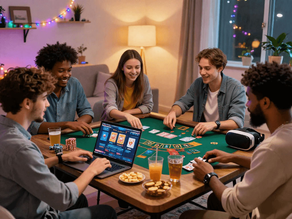 Friends enjoying a lively casino online gaming night, placing bets on blackjack with vibrant decor and snacks.