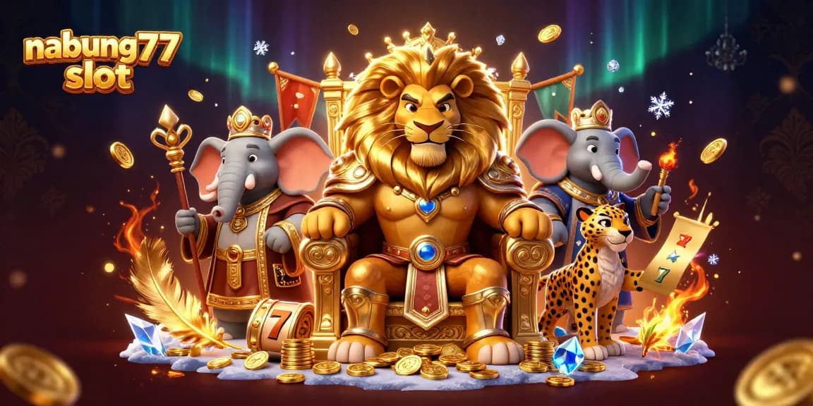 Experience the thrill of nabung77 slot with a lion king and his advisors in a vibrant casino scene.
