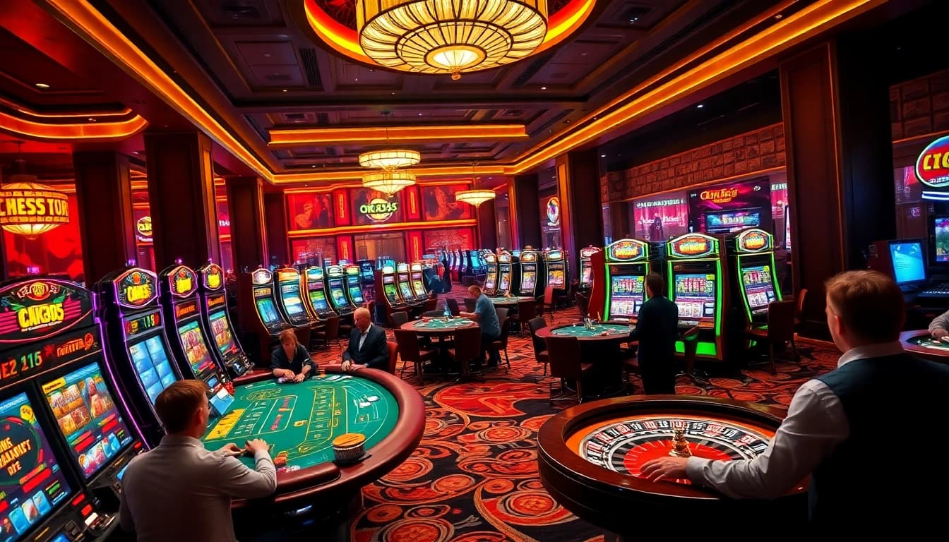 Experience the excitement of OK365 with players enjoying casino games in a luxurious setting.