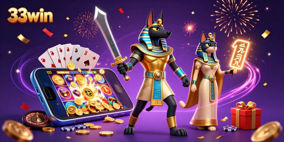 Win big at 33win with an animated Egyptian gaming scene filled with vibrant slots and prizes.