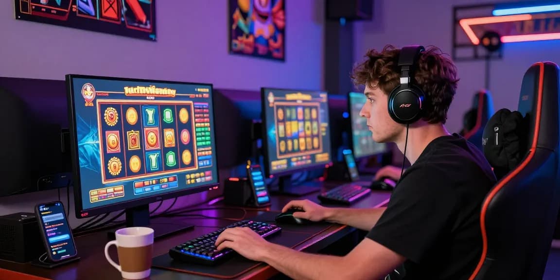 Engaged player enjoying vibrant slot games on a computer in an immersive gaming setup.