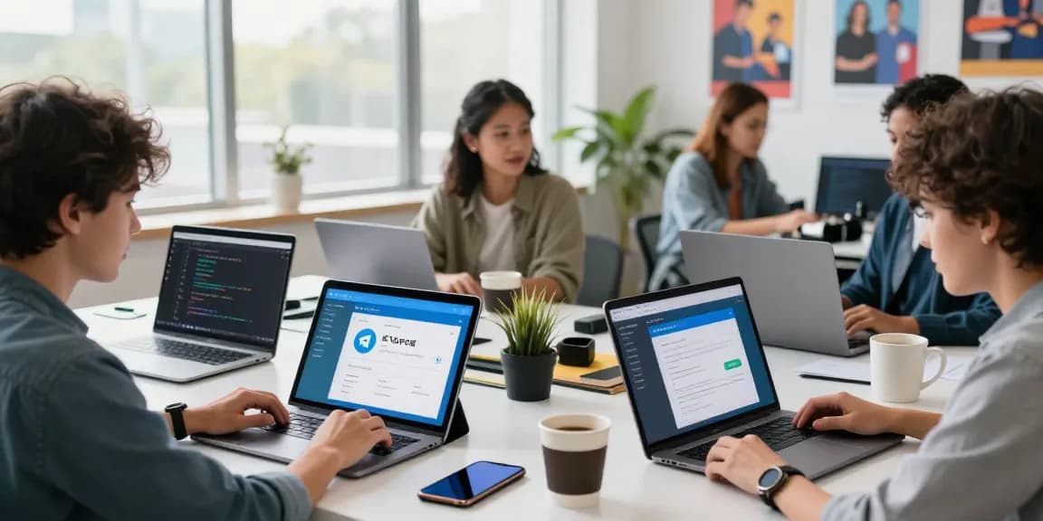 Collaborative workspace with team using 纸飞机中文版 app for modern communication solutions.