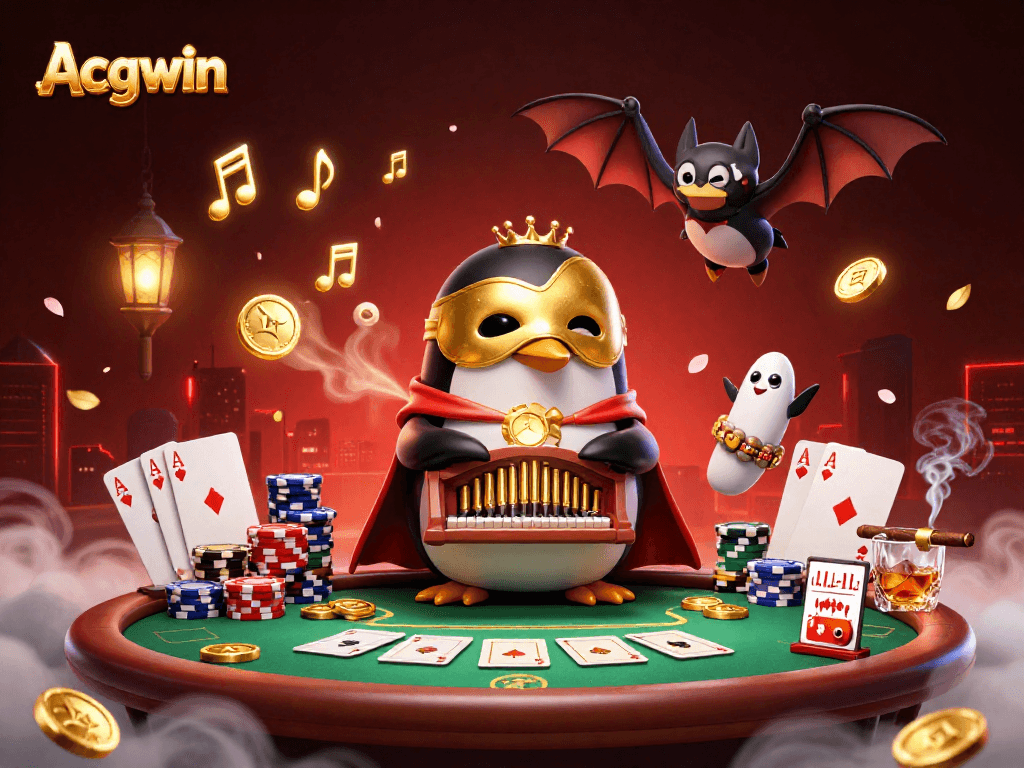 Acgwin showcases a vibrant phantom penguin organist amidst a lively poker scene.