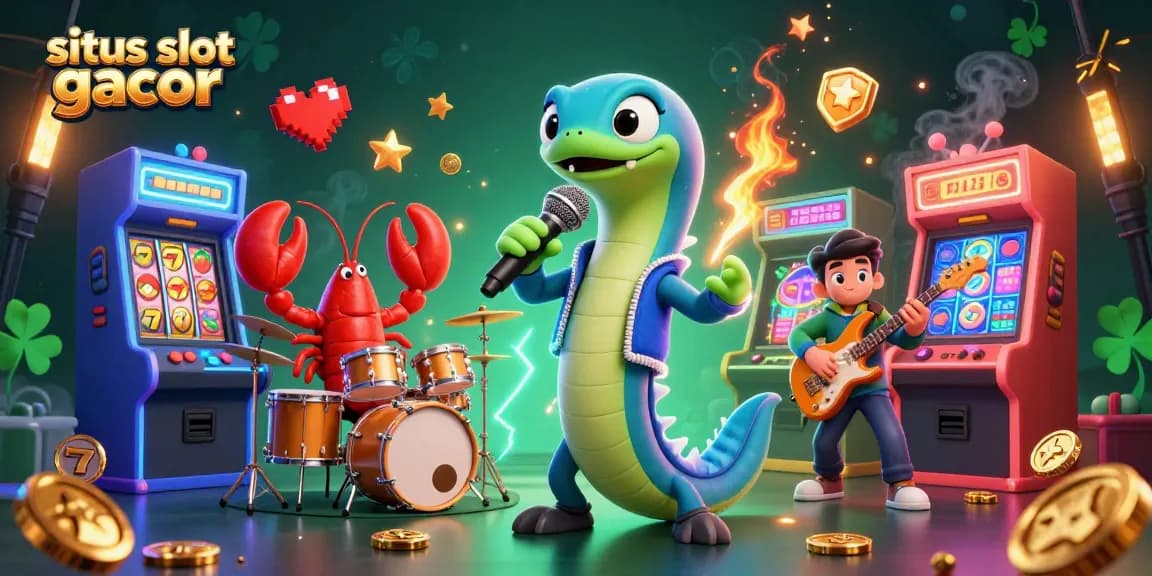 Experience situs slot gacor thrills with an underwater DJ performance, vibrant gaming elements surrounding the characters.