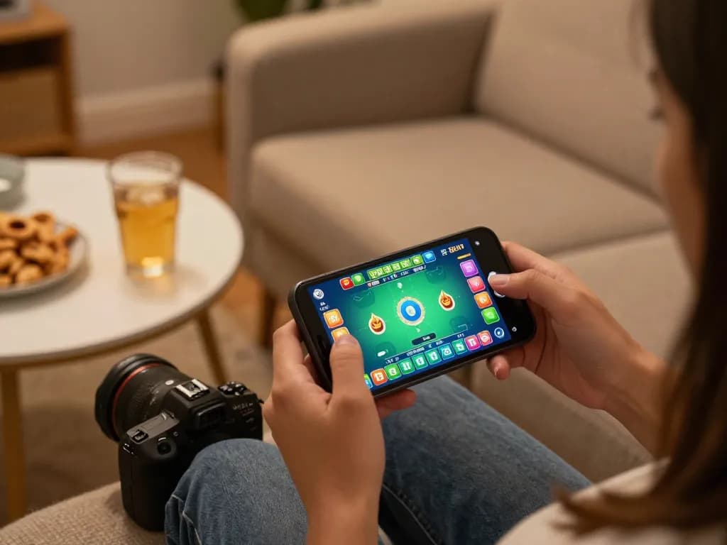 Xóc đĩa online gameplay on mobile device with colorful betting interface in cozy home setting