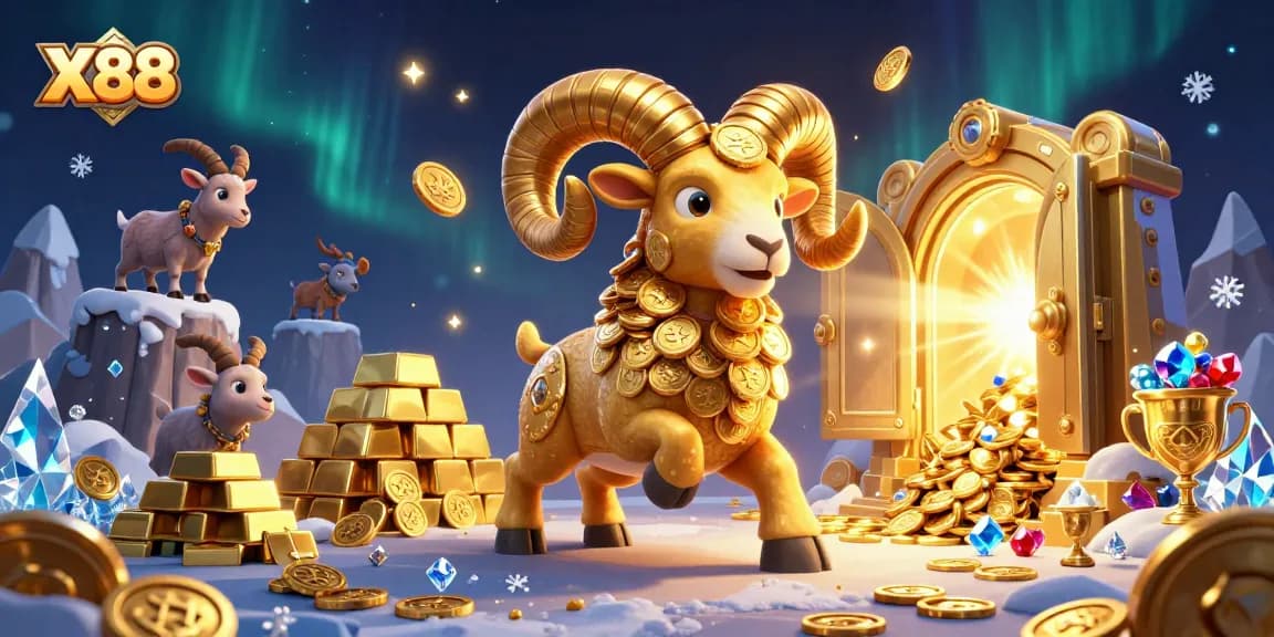 X88 showcases thrilling golden ram charging through a treasure vault adorned with gems and gold.