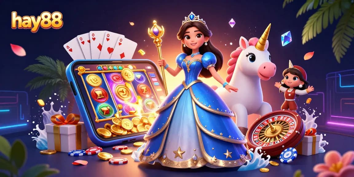 Win big with hay88 in a vibrant 3D casino scene featuring colorful slot games and exciting characters.