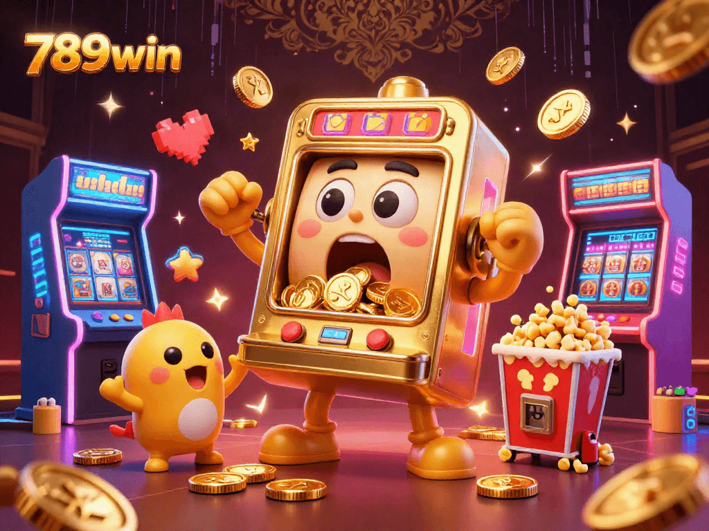 Watch the joyful 789win slot machine hit a jackpot, spilling coins with excited smaller machines cheering!