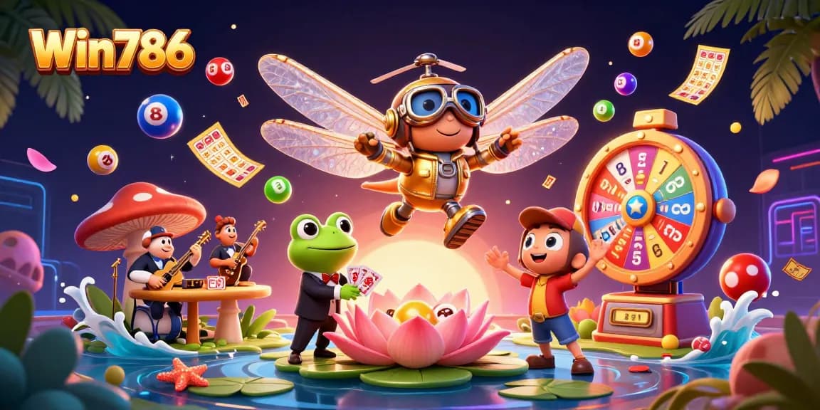 Engage with Win786 in an exciting 3D casino scene featuring a dragonfly pilot and a frog dealer.