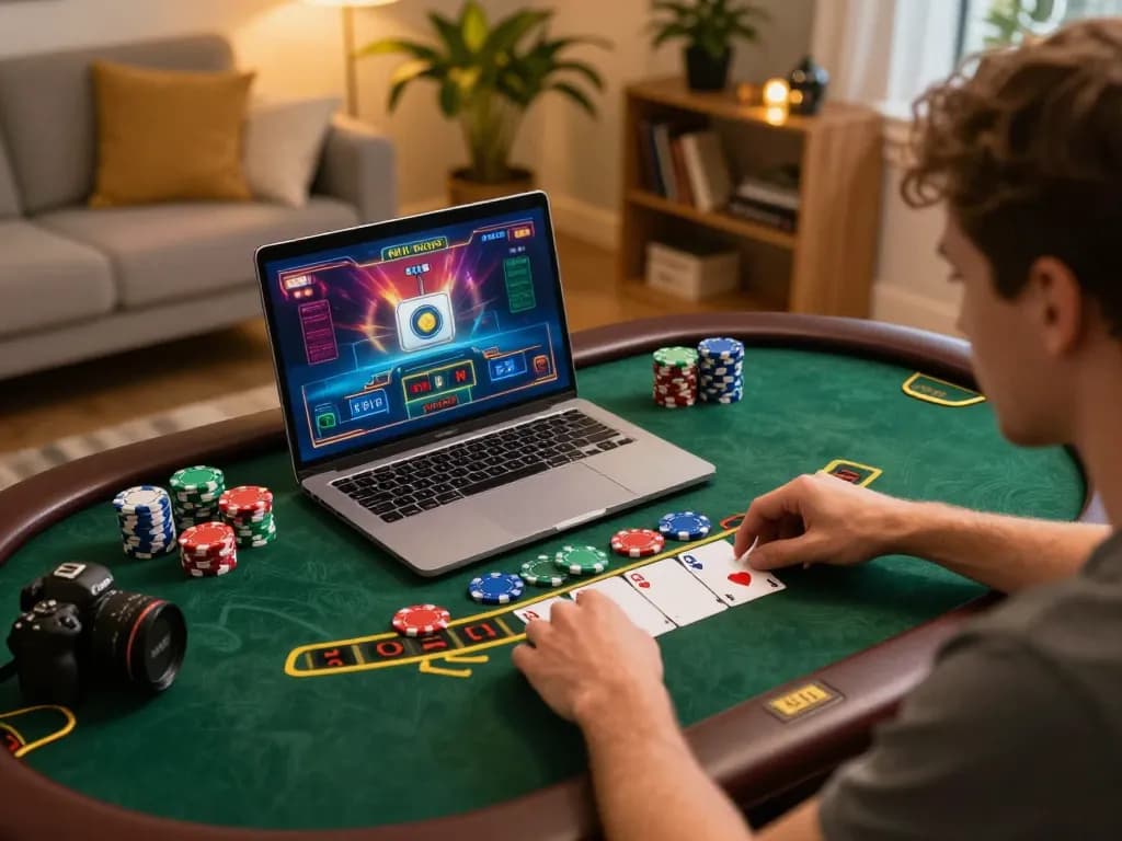 Engaging scene of a player at home using a laptop for tải hitclub blackjack gaming, set in a cozy atmosphere with vibrant visuals.