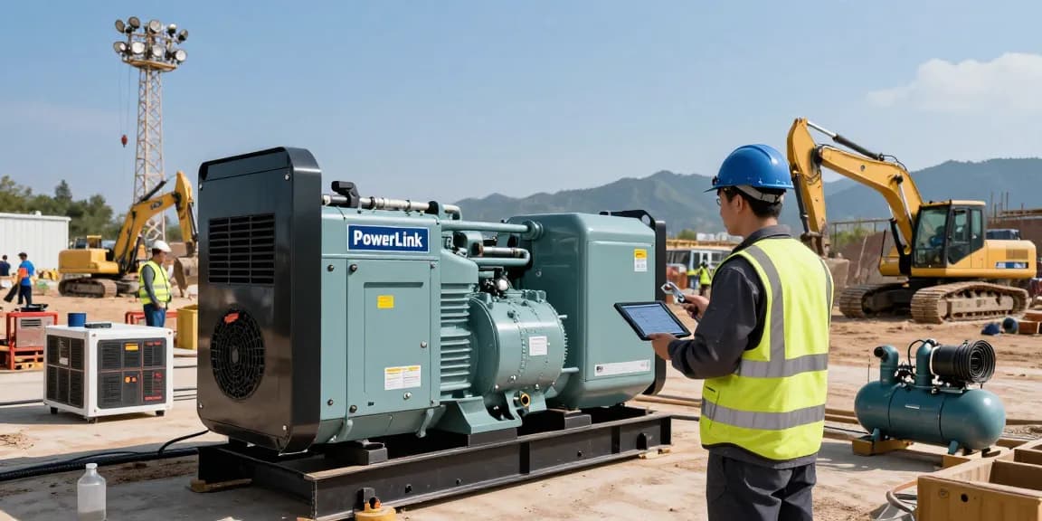 PowerLink diesel generator inspected by a technician at a busy construction site with heavy machinery.