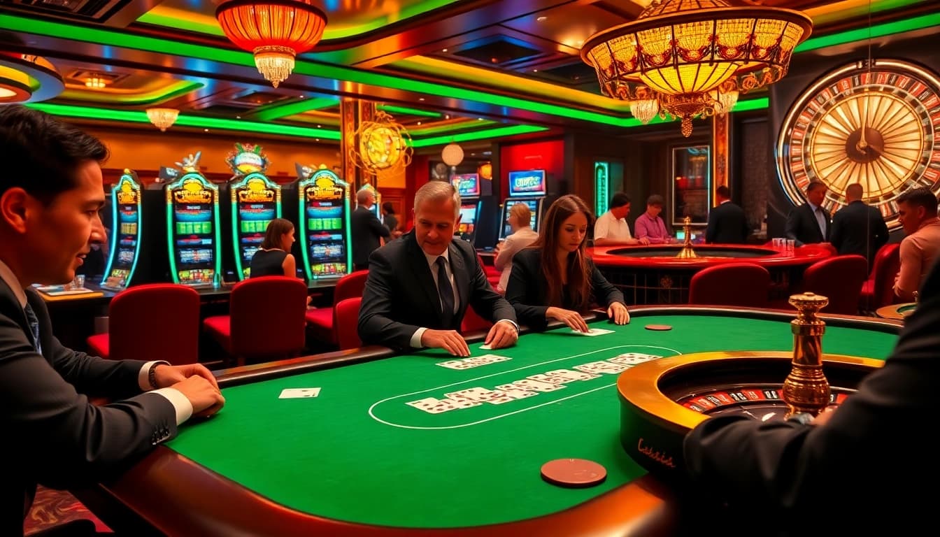 Winning strategies from an immigration lawyer sydney creating excitement at a poker table in a luxurious casino setting.