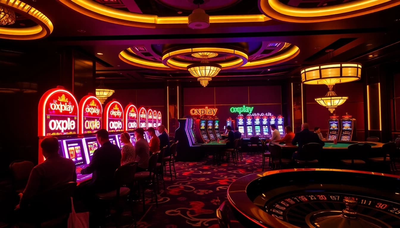 Experience the thrill of oxplay with vibrant slot machines and excited players at a luxurious casino.